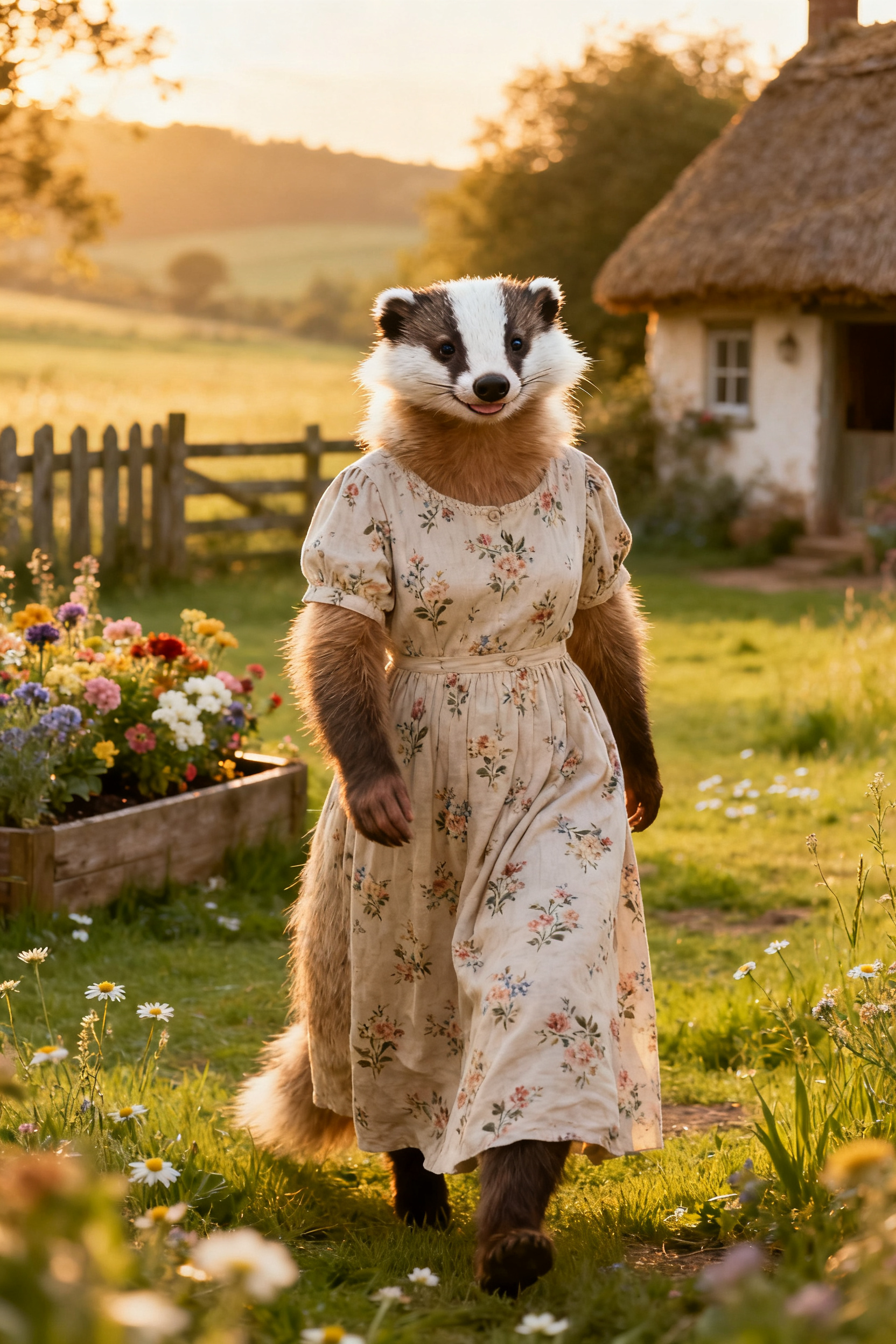 Annie the badger walking through a flower garden at sunset