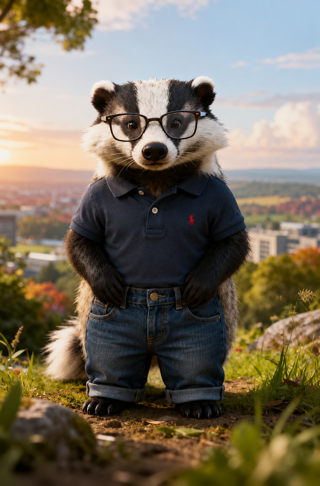 Buddy the Banking Badger in a navy polo and jeans on a hillside overlooking town at sunset