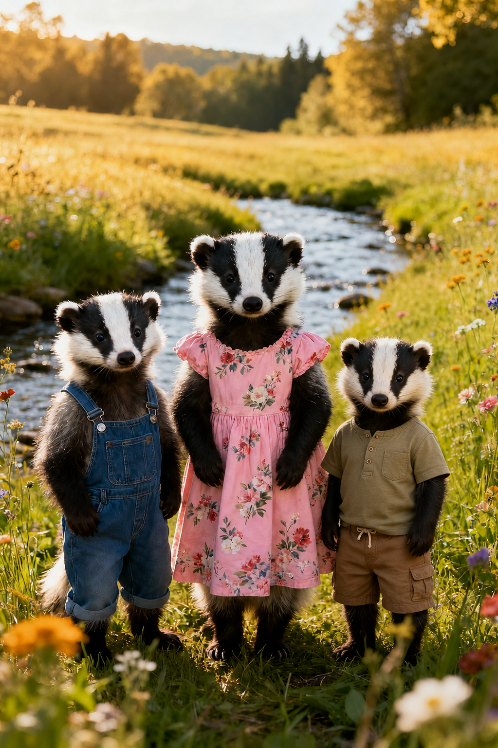 Leena, Loy, and James—Buddy and Annie’s three kids—standing together in a wildflower meadow