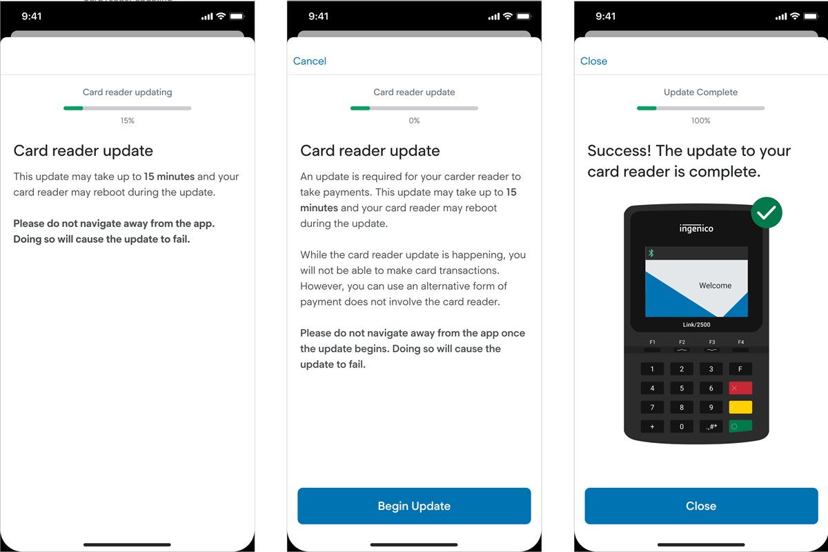 begin, in progress, and complete update messages.