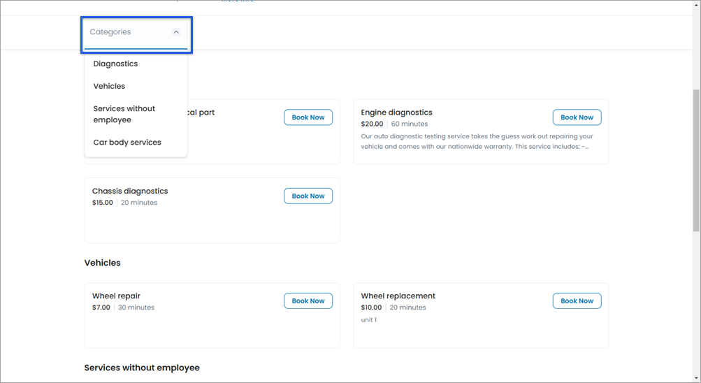 Categories menu expanded on merchants website.