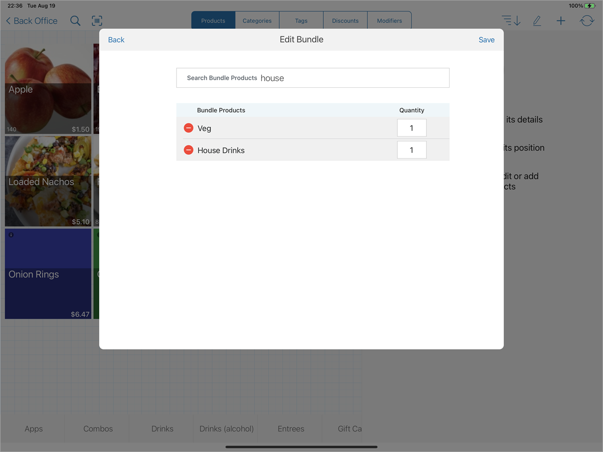 back office edit bundle screen with veg and house drinks tags added