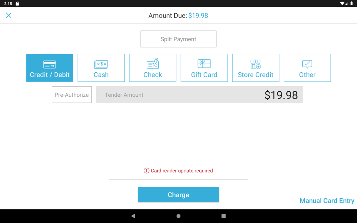 card reader update message on the charge screen.