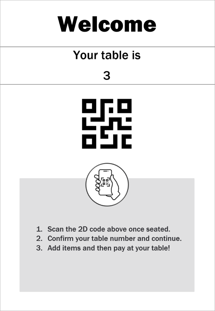 table flyer with table number and 2D code with instructions.