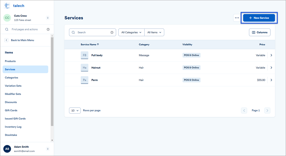 Services dashboard with new service button highlighted.