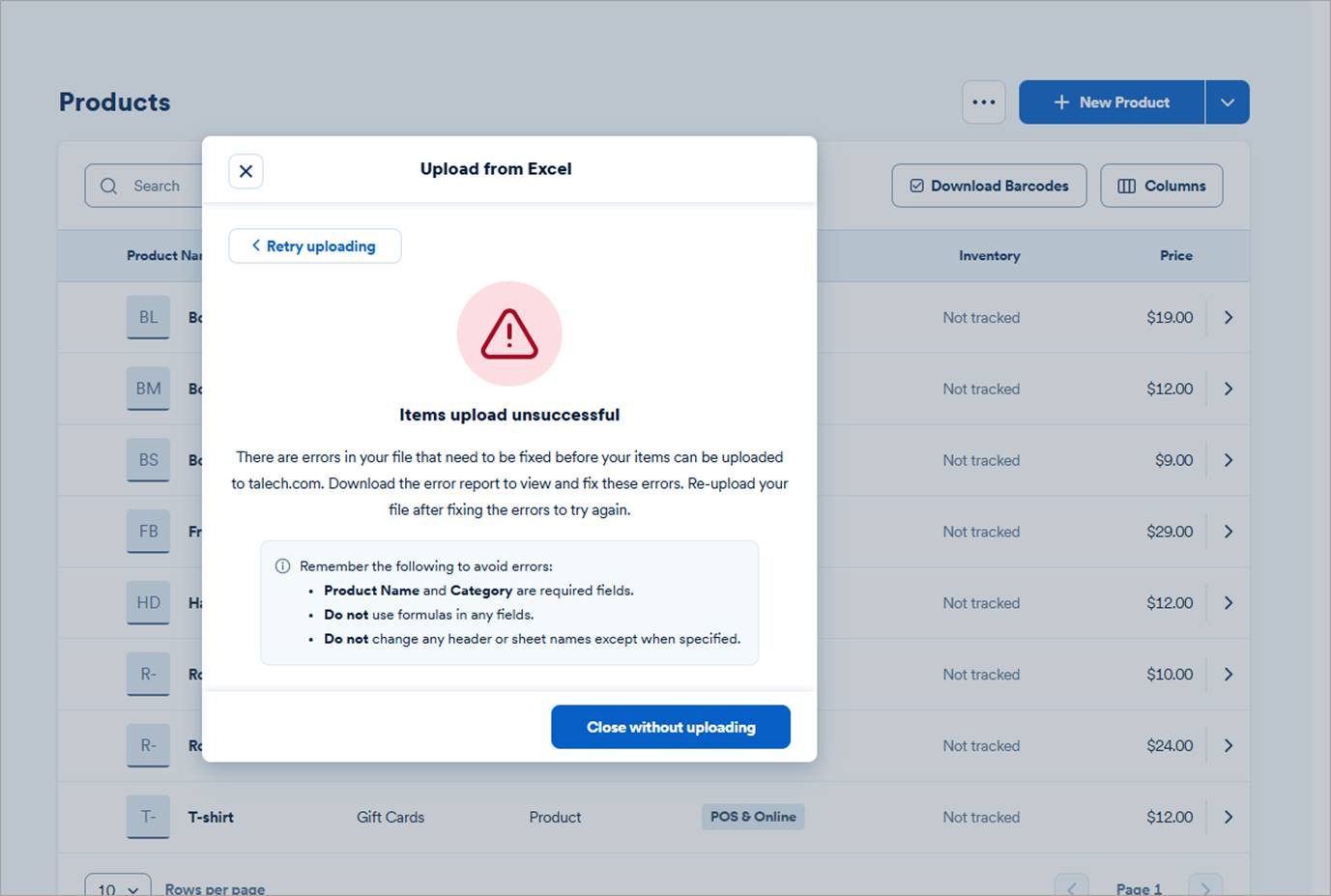 Upload screen with error message.