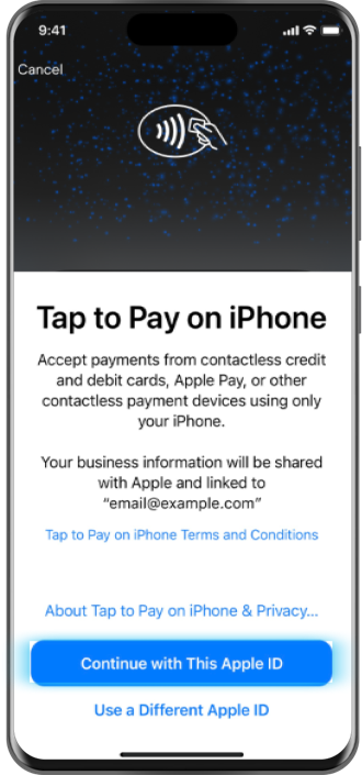 Mobile device showing the apple ID selection for tap to pay on iPhone.