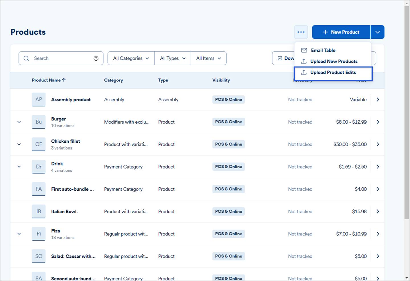 Products dashboard showing upload product edits option from the new product button.
