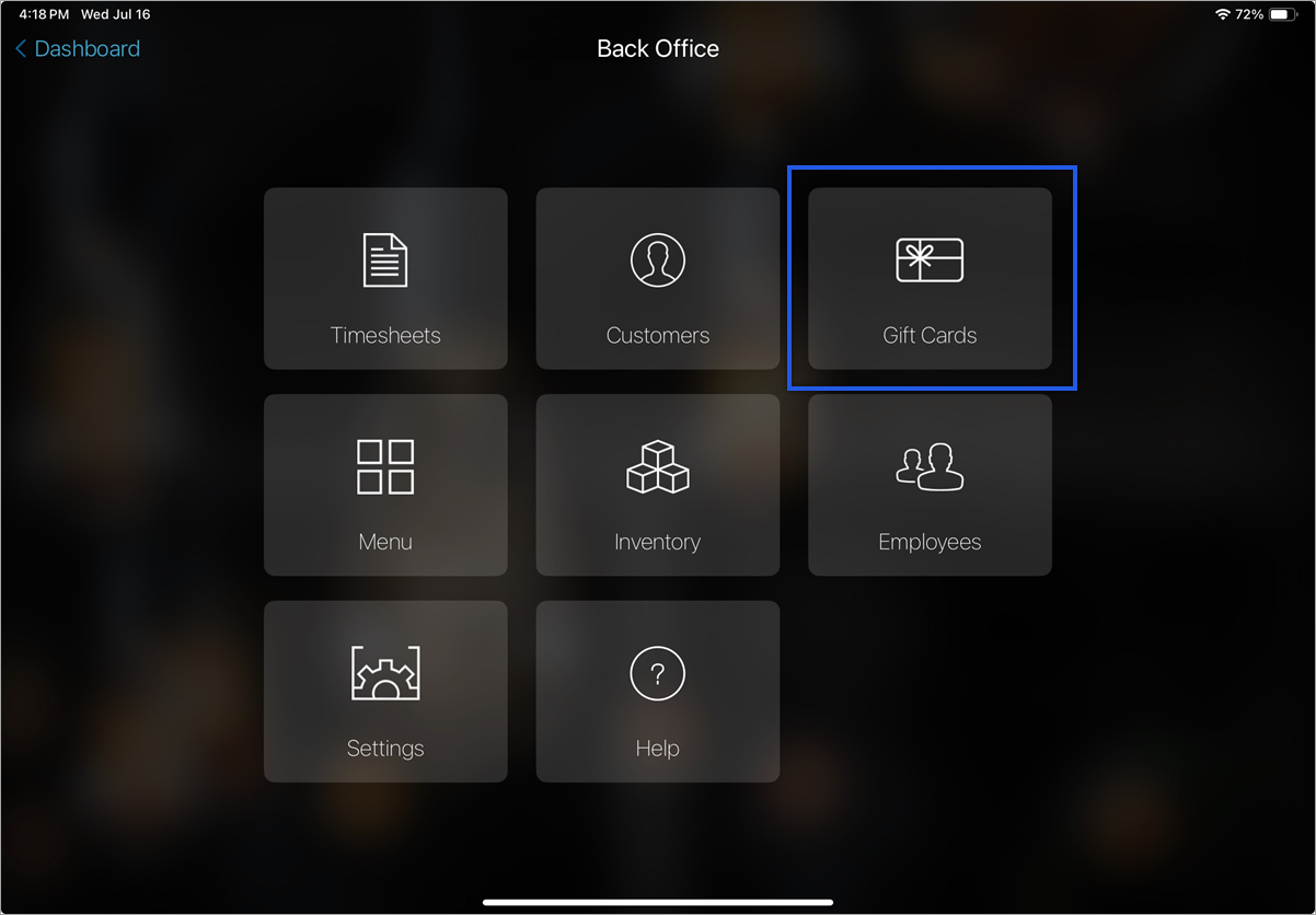 The talech register back office screen with gift cards highlighted