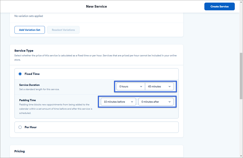 New service menu with fixed time sections highlighted.