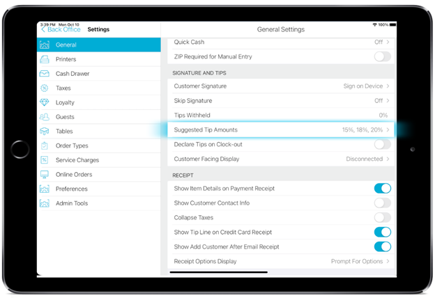 screenshot of ipad showing talech mobile general settings screen with suggested tip amounts option highlighted