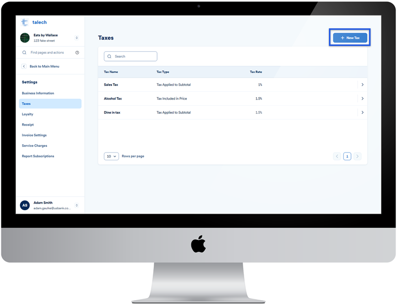 Taxes dashboard with new tax button highlighted.