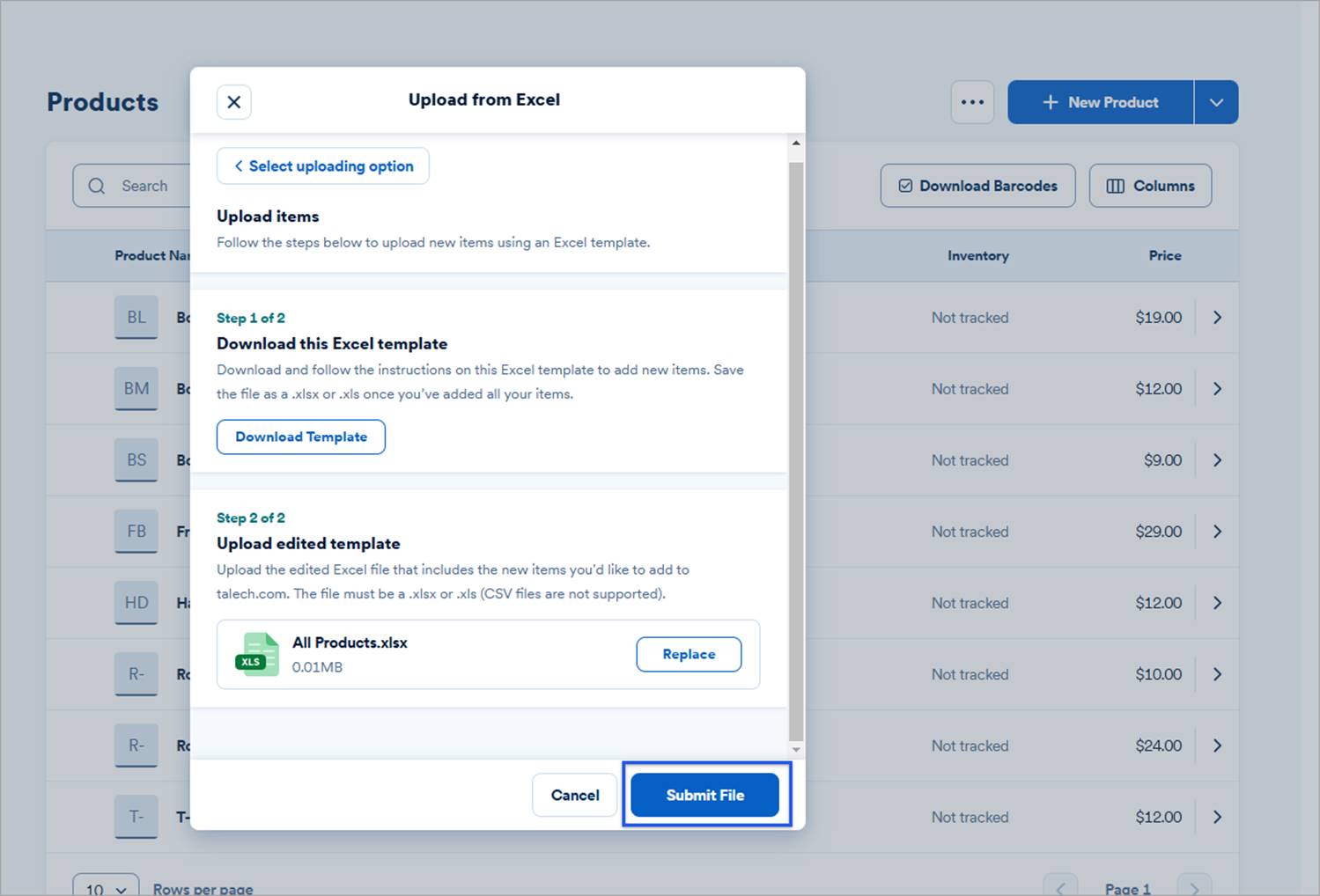 Two step upload screen with excel file attached.