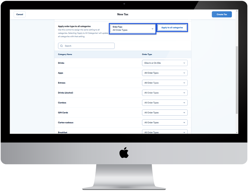 New tax menu showing the order type to apply taxes to.