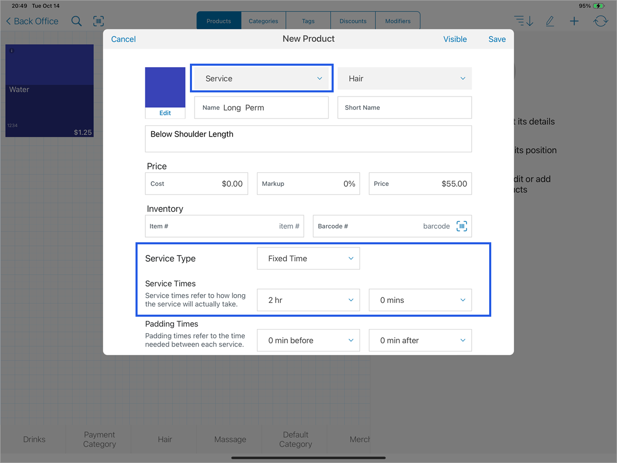 New product menu with service product type and time and duration options highlighted