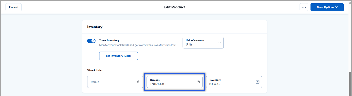 Edit product menu with barcode field highlighted.