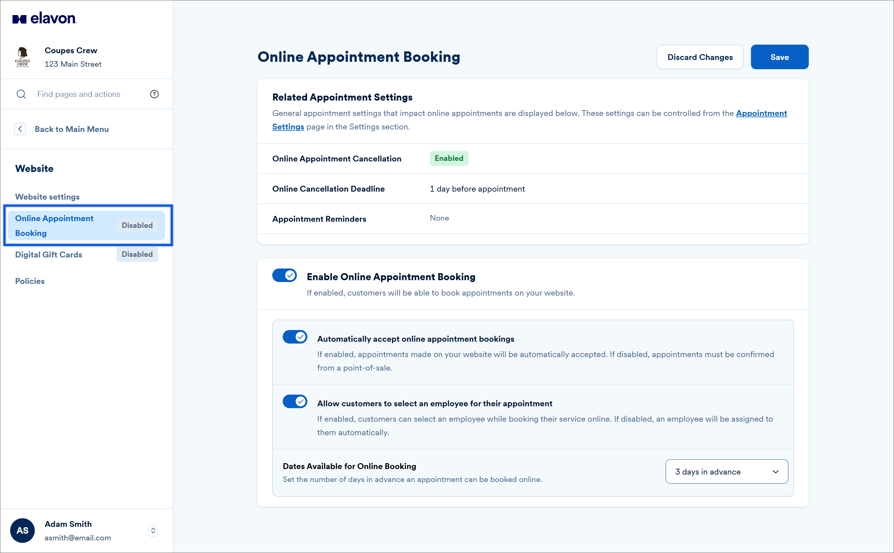 Online appointment booking settings from talech.com