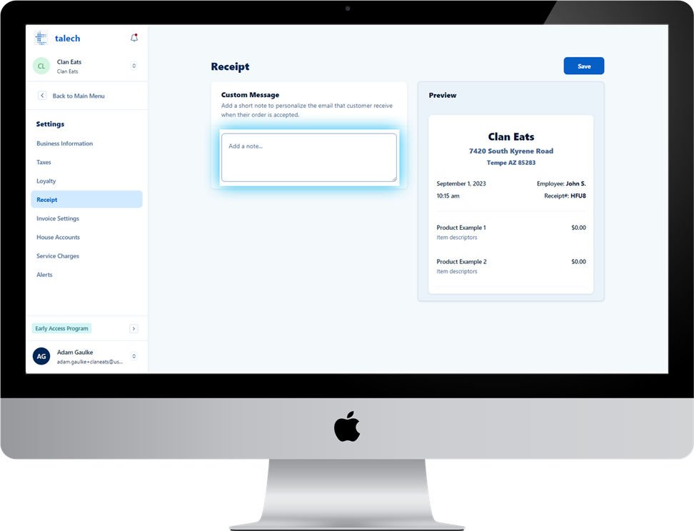 receipt settings with the custom message field highlighted.