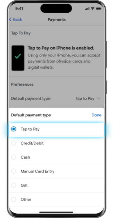 Mobile device showing the default payment type settings.