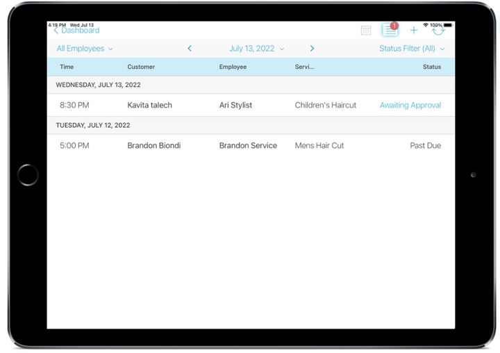 tablet view of talech register appointment menu displaying upcoming appointments