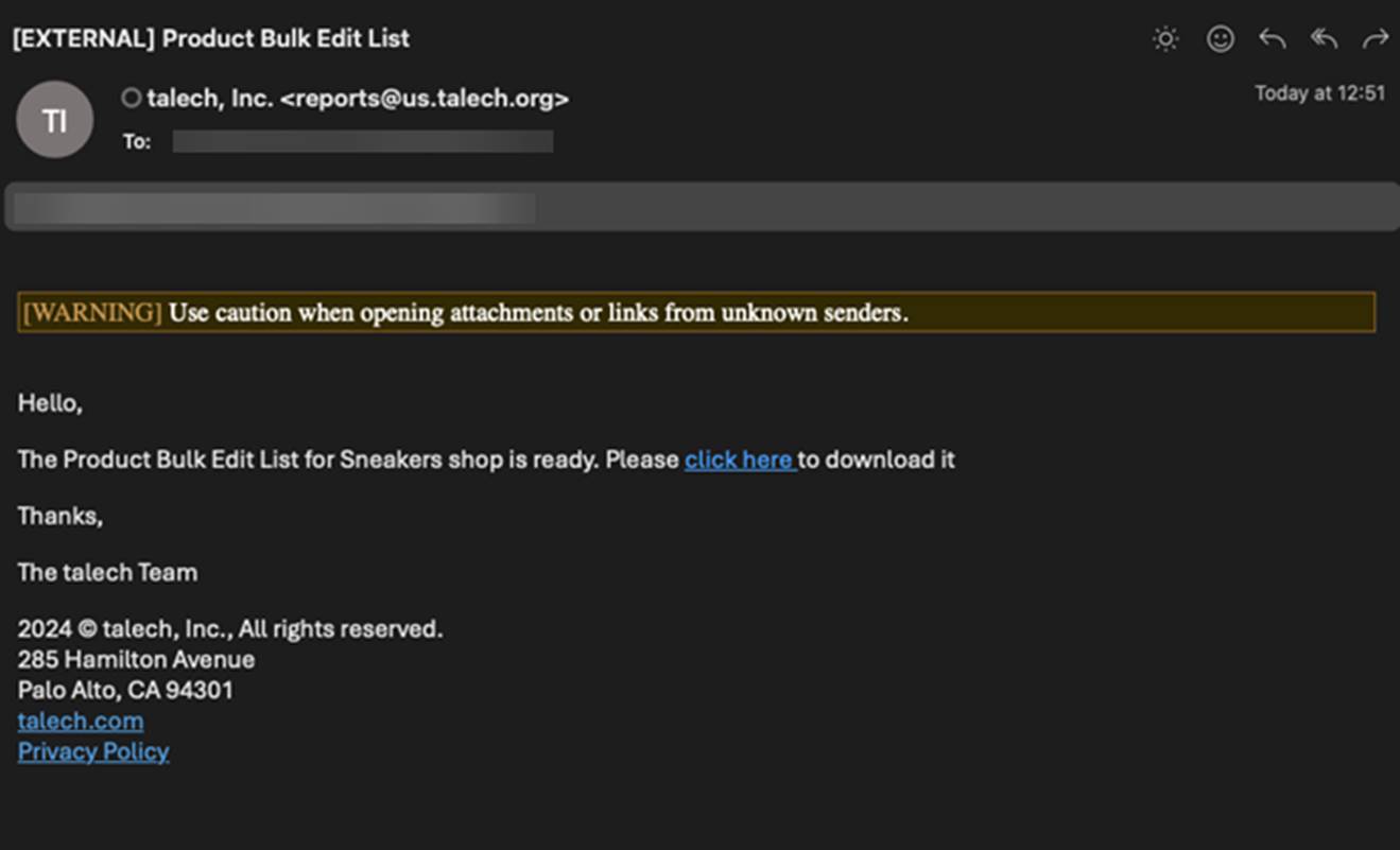 Email with product bulk edit list attached.