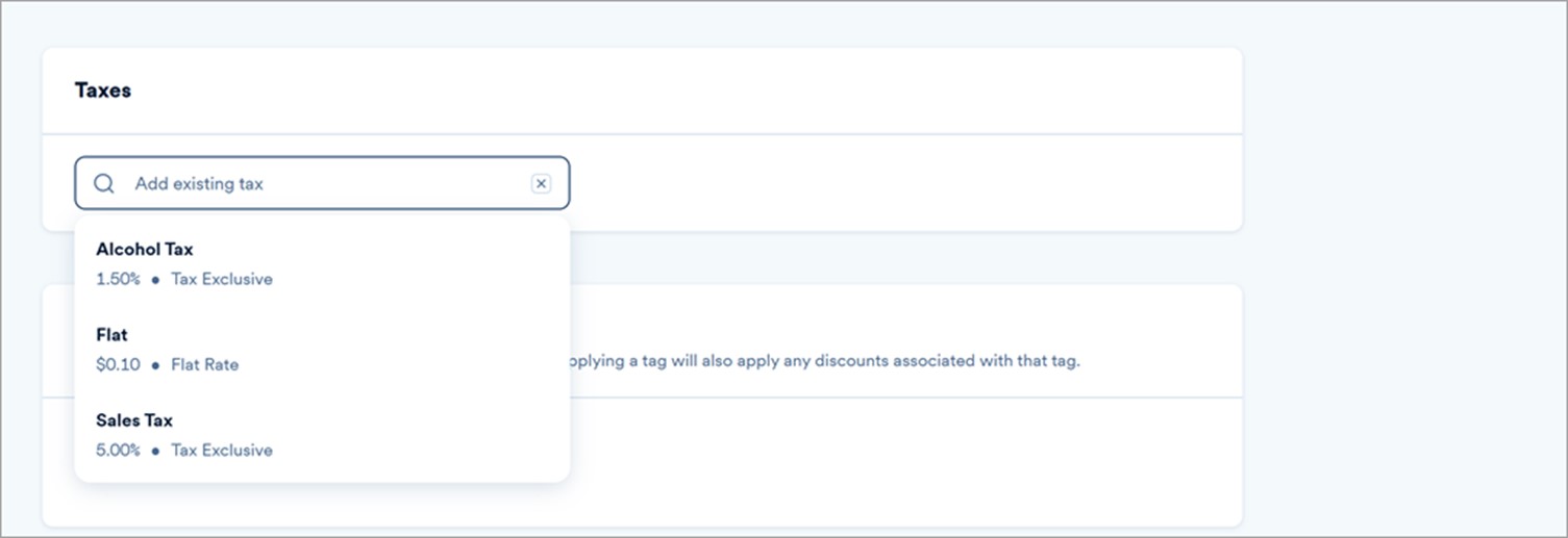 New product menu showing the taxes options.