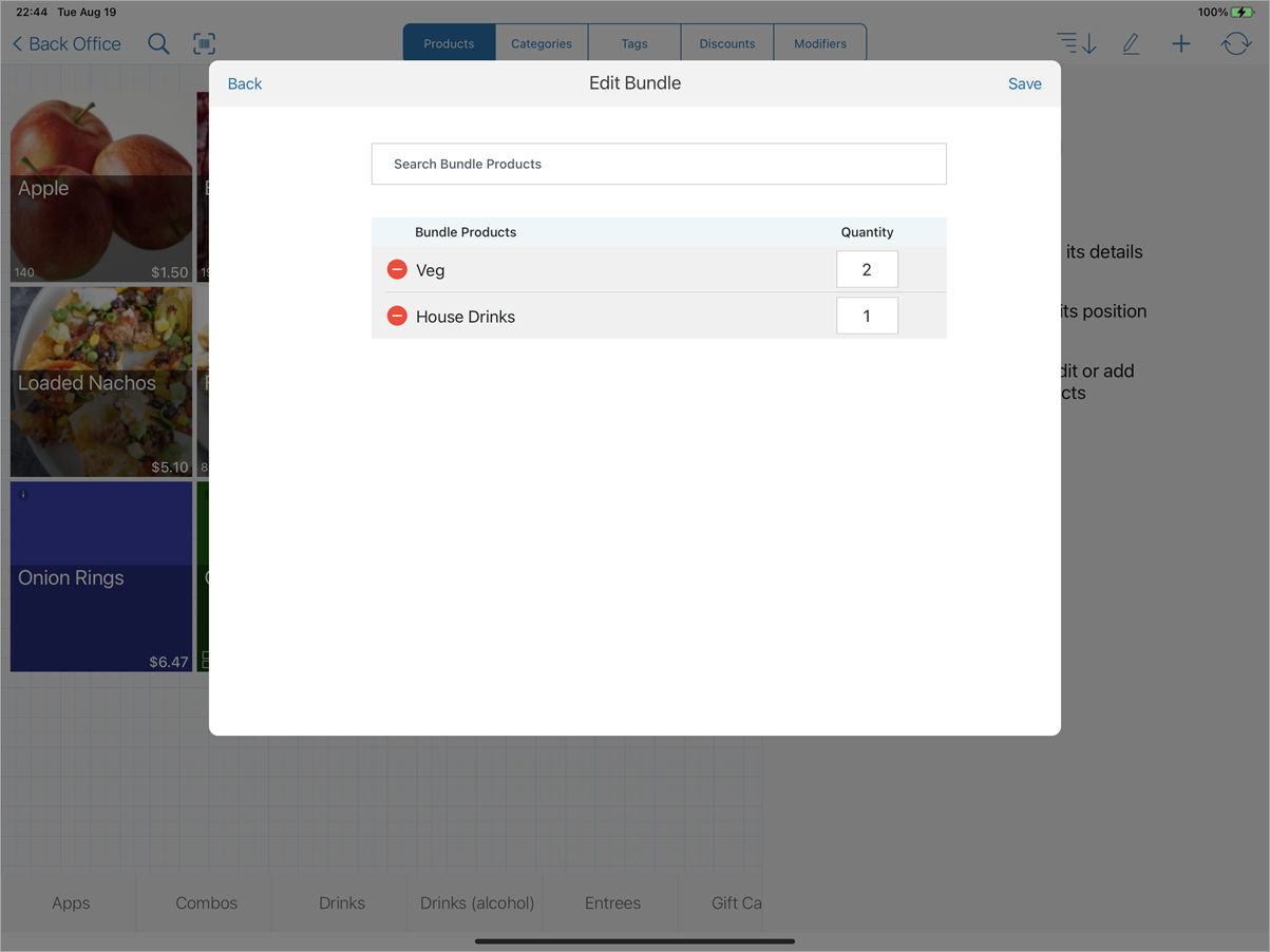 back office edit bundle screen with veg and house drinks tags added and quantity 2 populated for veg tag