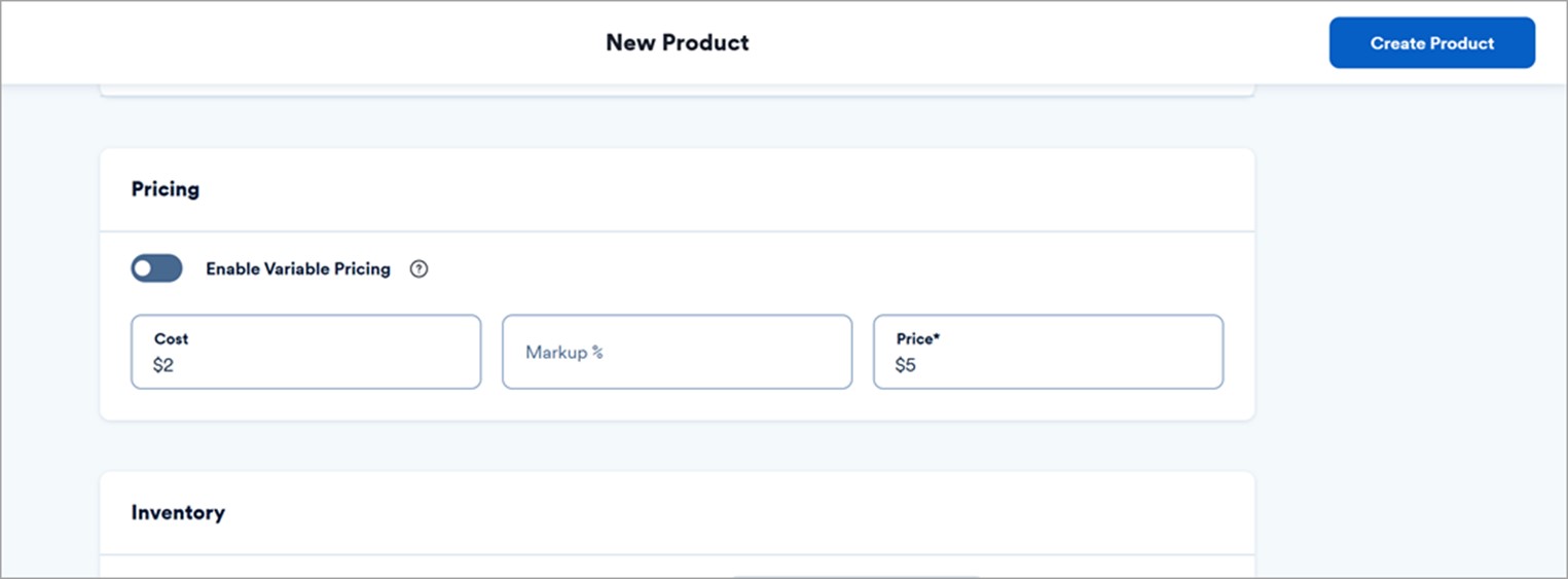 New product menu showing the pricing options.
