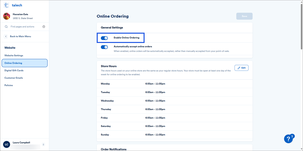 The online ordering settings on talech.com
