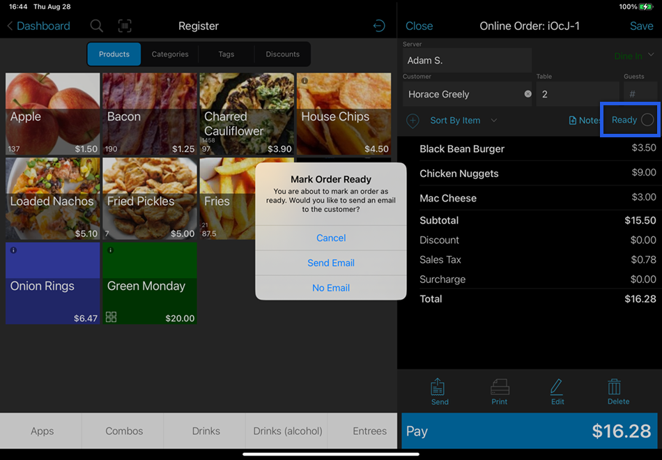 Register showing order marked as ready with email popup.