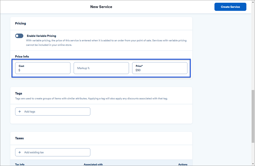 New service menu with price info sections highlighted.