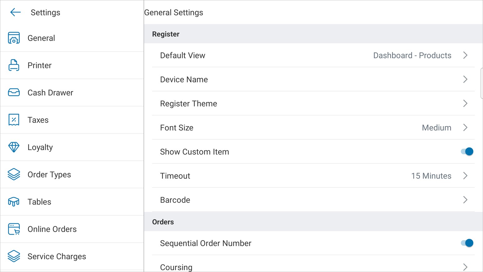 talech Register general settings