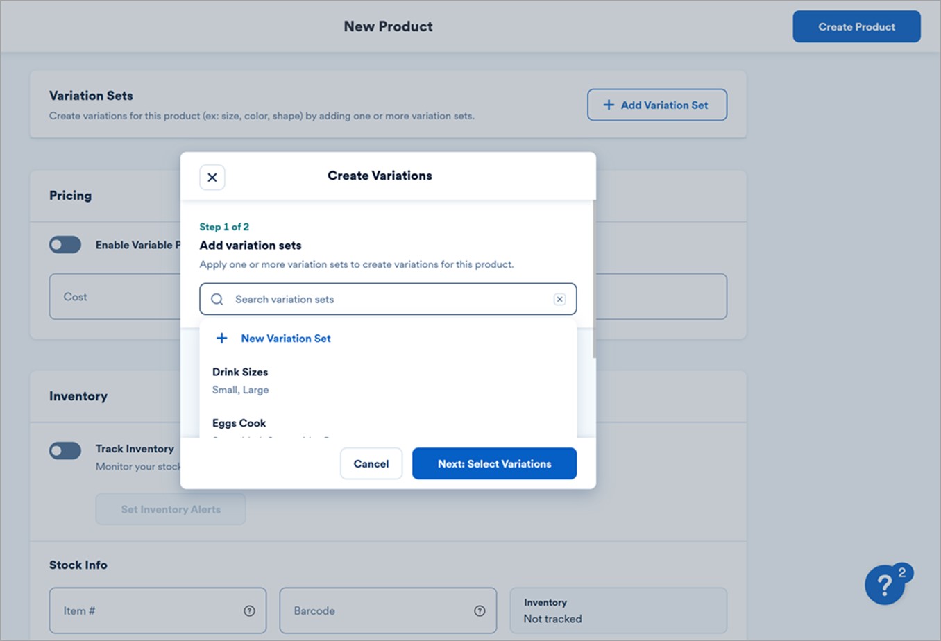 New product menu showing the variation creation settings.