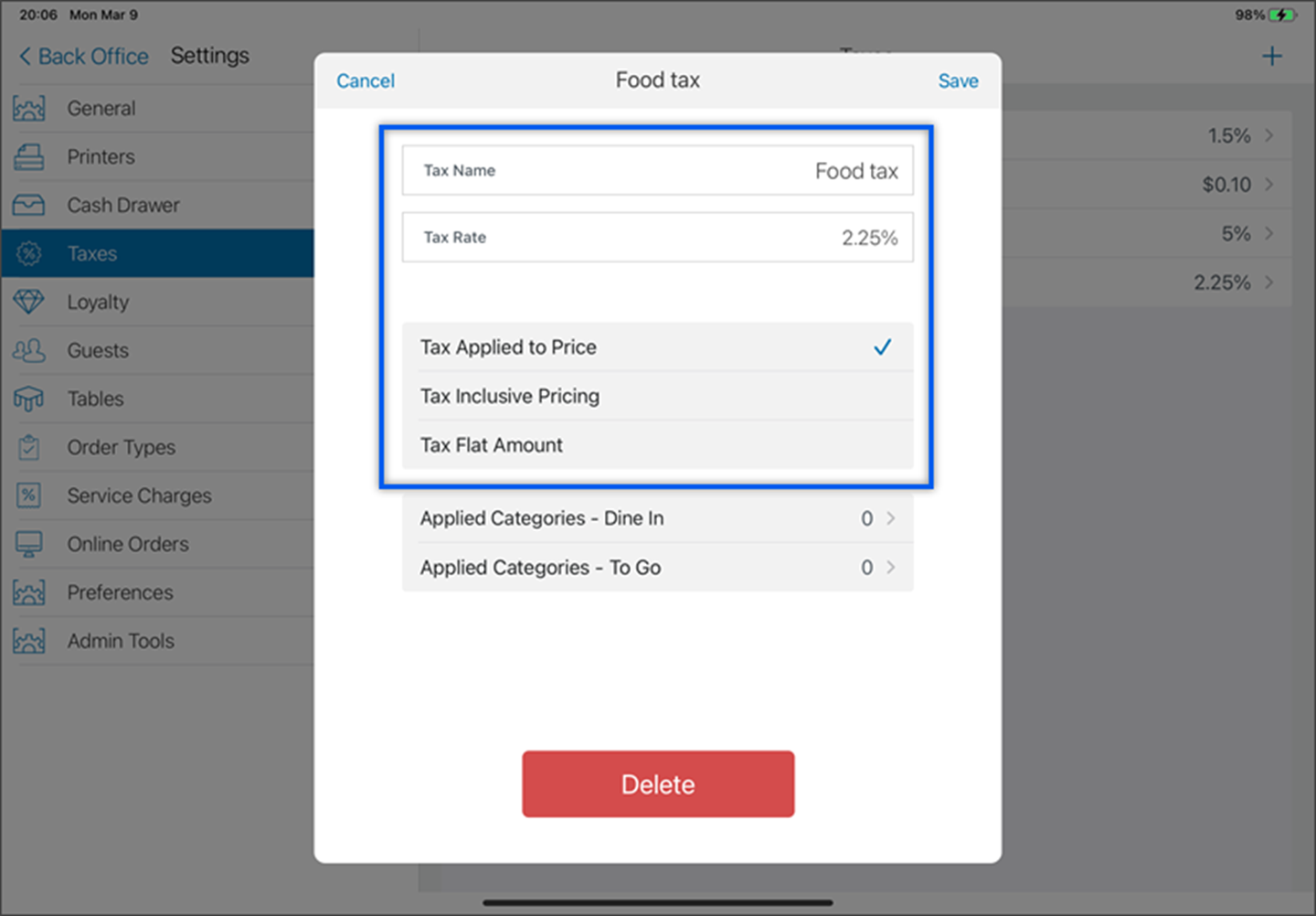 new tax form with name, tax rate and tax type completed.