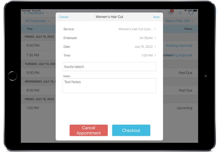 tablet view of talech register displaying appointment with option to cancel appointment or checkout
