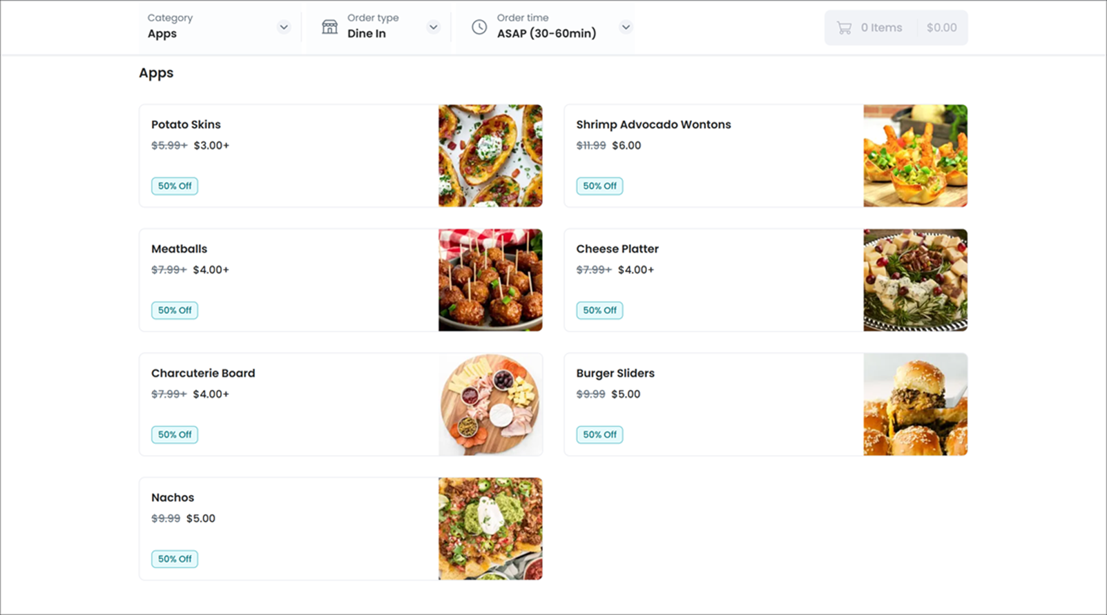 online ordering menu displaying discounted prices for different items