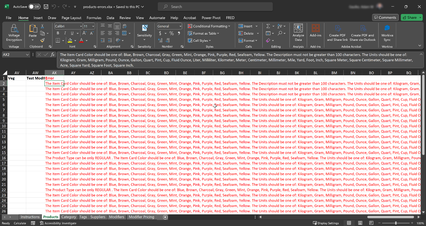 Screenshot of an excel template
