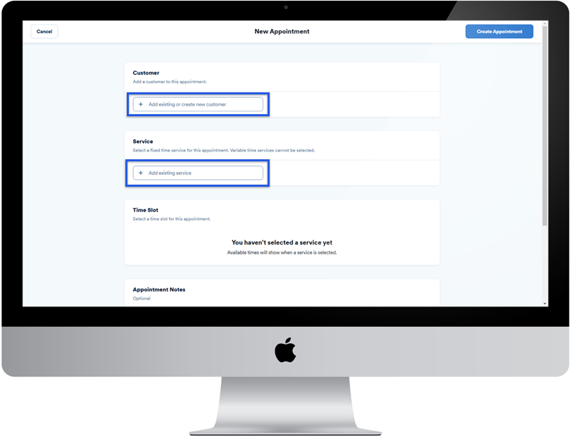 New appointment menu with customer and service fields highlighted.
