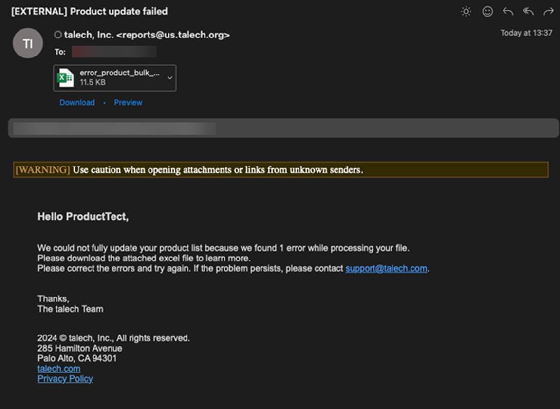 Email with product update failed message.