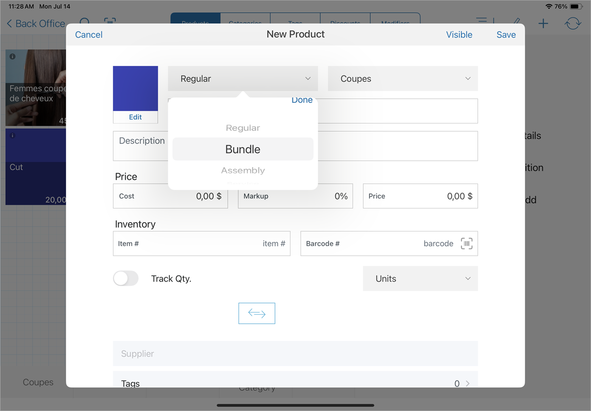 A screenshot of a smart device showing the new product screen and product type dropdown field.