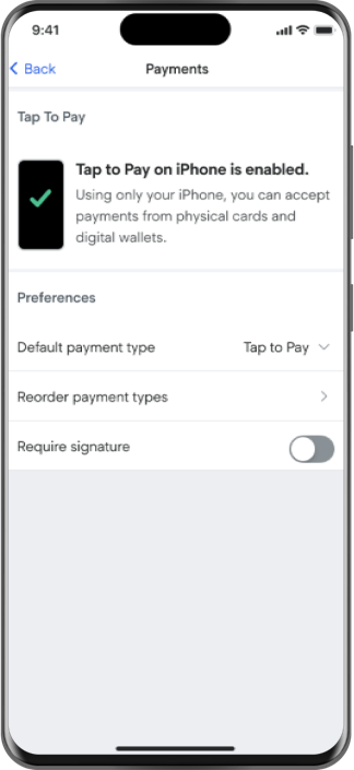 Mobile device showing the payments settings with tap to pay enabled.