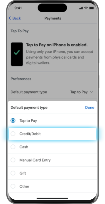 Mobile device showing the default payment type settings.