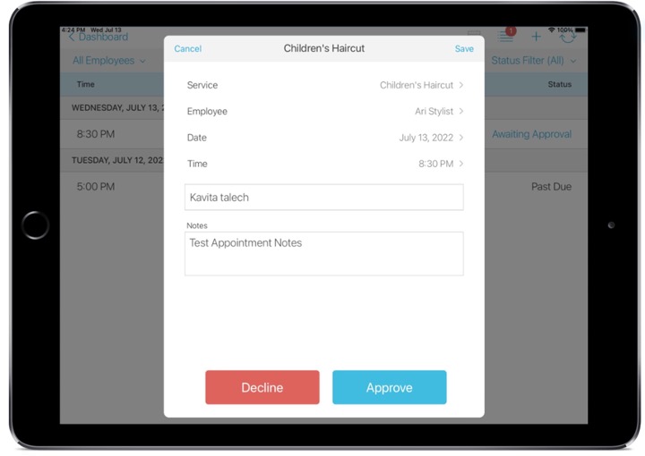 tablet view of talech register appointment screen with options to decline or approve
