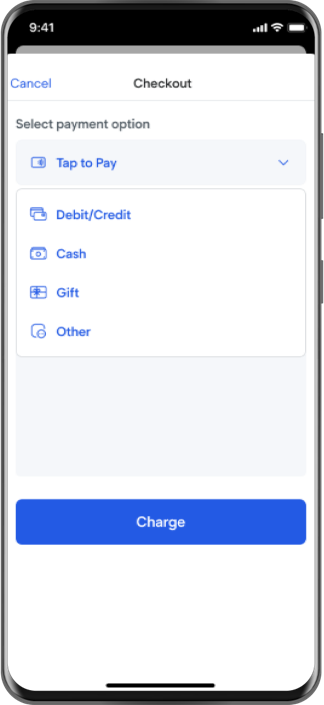 Mobile device showing the payment screen with charge button.