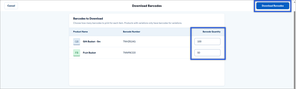 Barcode creation menu with quantity fields and download button highlighted.