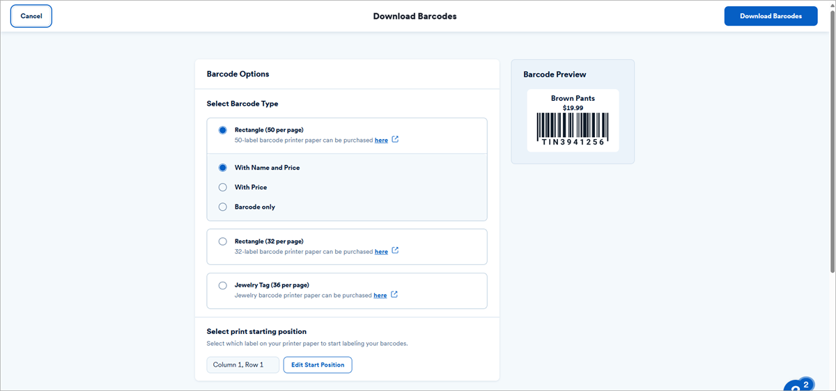 Barcode Options