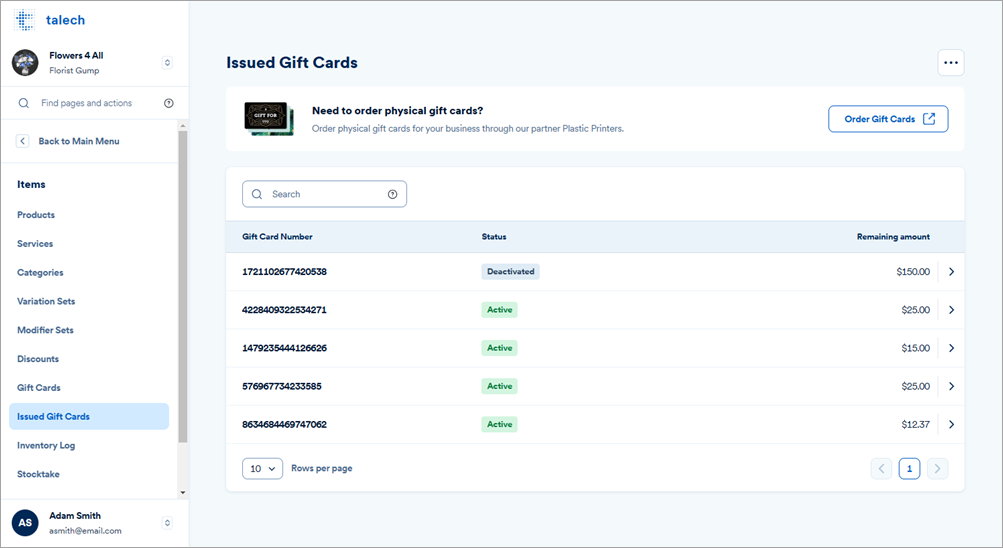 Issued gift cards dashboard with gift cards listed in a table with statuses and amounts.
