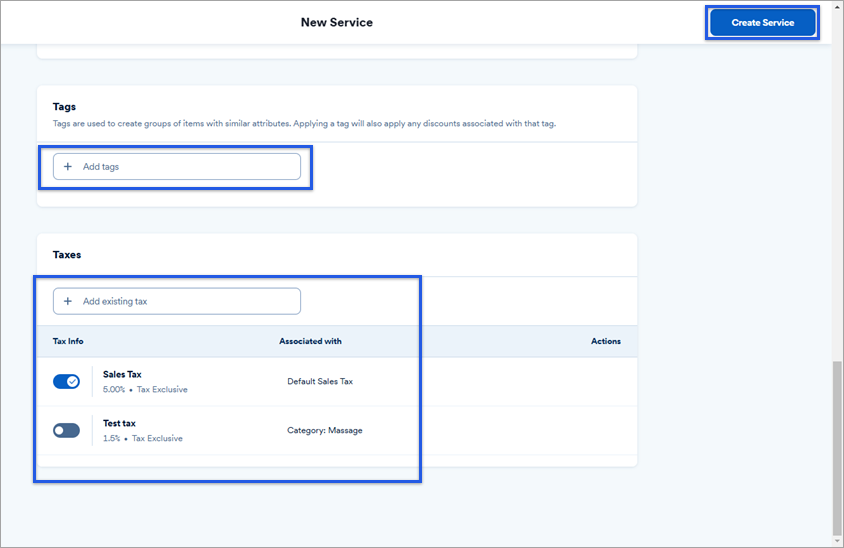 New service menu with tags and taxes sections highlighted.