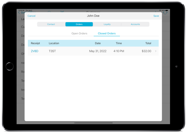 screenshot of ipad showing talech app closed orders screen with specific order populated