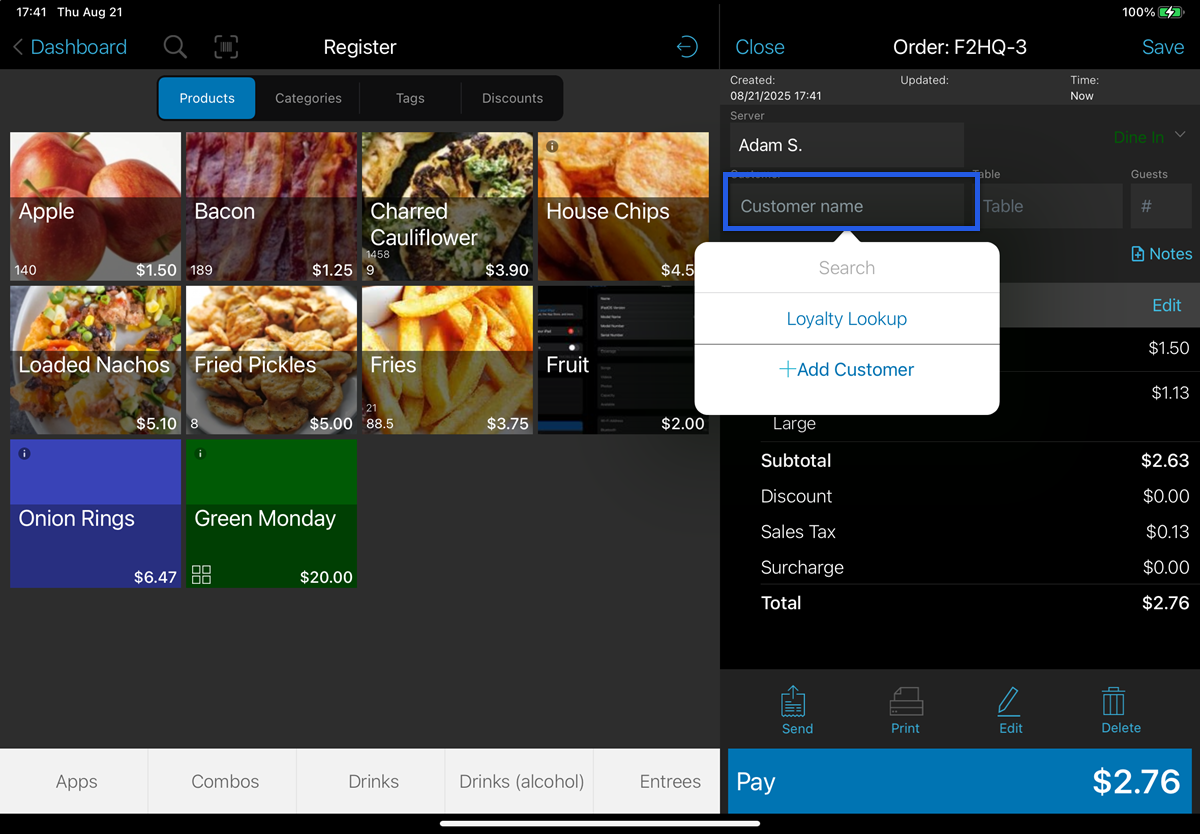 Open order with customer name field highlighted.